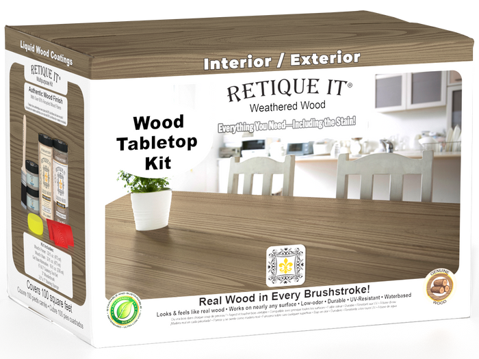 Retique It Wood'n Finish Kit with four large weathered wood stains for tabletop furniture.