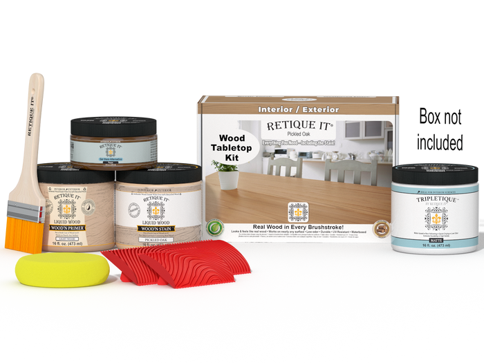 Retique It Wood'n Finish Kit for tabletops in pickled oak stain, contains stain and finishing supplies in double size package.