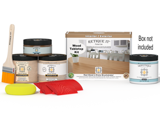 Retique It Wood'n Finish Kit for tabletops in pickled oak stain, contains stain and finishing supplies in double size package.
