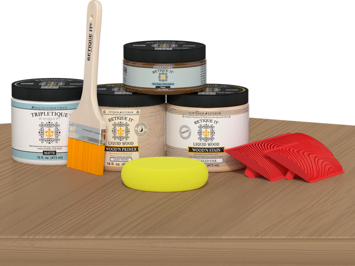 Retique It Wood'n Finish Kit in Pickled Oak stain, double size, shown on a tabletop surface, ideal for wood finishing projects.