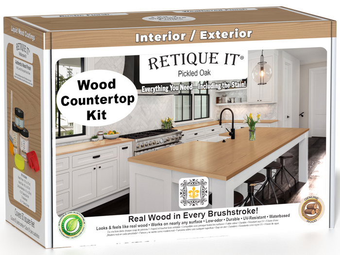 Retique It Wood'n Finish Kit in Pickled Oak stain for tabletops, featuring stain bottles and application tools in a double-sized box.