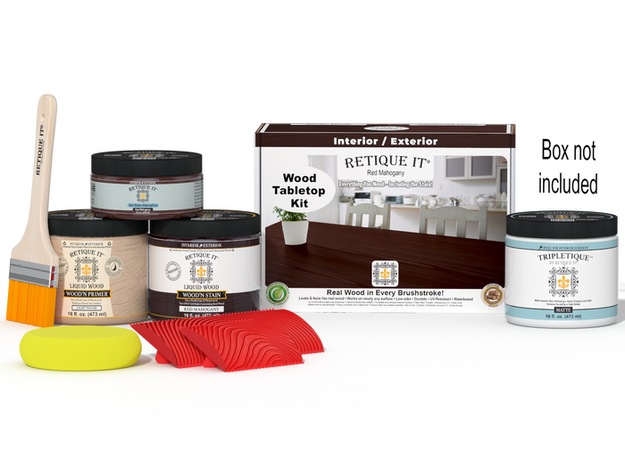 Retique It Wood'n Finish Kit in Red Mahogany for tabletops, includes stain bottles and application tools, double size kit.