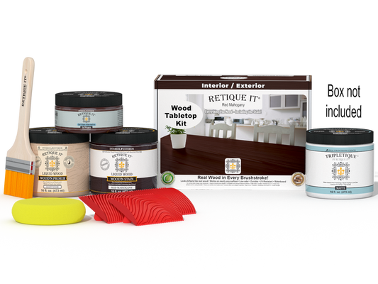 Retique It Wood'n Finish Kit in Red Mahogany for tabletops, includes stain bottles and application tools, double size kit.