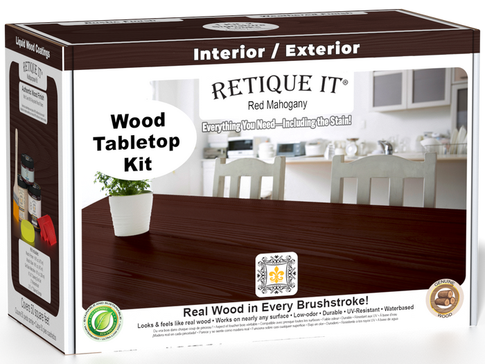 Retique It Wood'n Finish Kit double size in Red Mahogany stain, featuring application tools and sample wood surface.