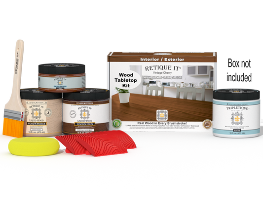 Retique It Wood'n Finish Kit double size in Vintage Cherry stain for tabletops, includes stain bottles and applicator.