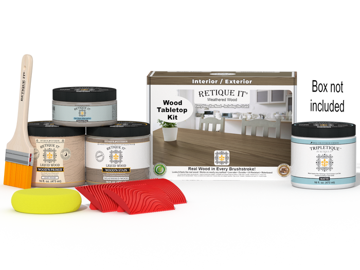 Retique It Wood'n Finish Kit (Double Size) in Weathered Wood stain, featuring wood stain bottles and application tools for tabletop finishing.