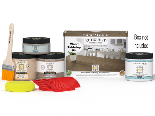 Retique It Wood'n Finish Kit (Double Size) in Weathered Wood stain, featuring wood stain bottles and application tools for tabletop finishing.