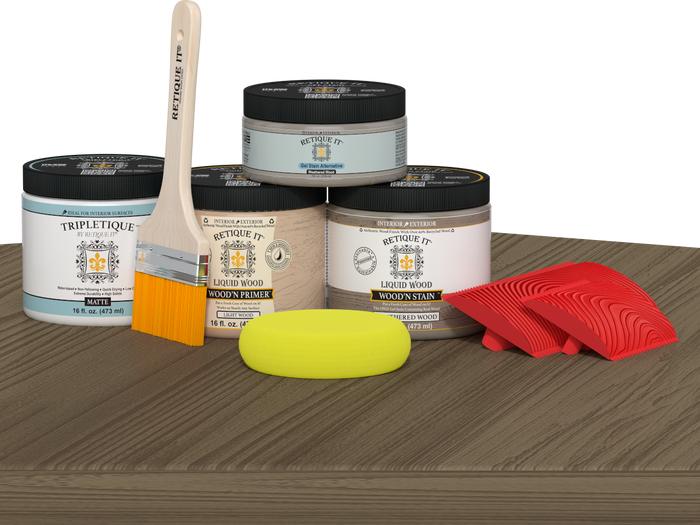Retique It Weathered Wood Tabletop Wood'n Finish Kit, double size stain set with applicator on table surface