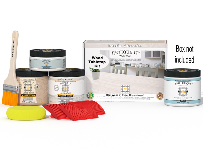 Retique It Wood'n Finish Kit Double Size in White Wash stain, featuring applicator brush and wood sample for tabletop finishing.