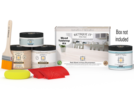 Retique It Wood'n Finish Kit Double Size in White Wash stain, featuring applicator brush and wood sample for tabletop finishing.