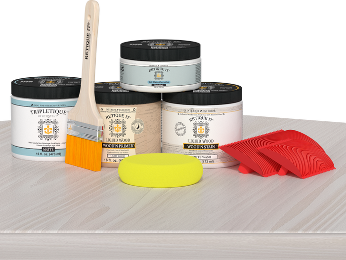 Retique It Wood'n Finish Kit (Double Size) in White Wash stain on a table demonstrating the product application.