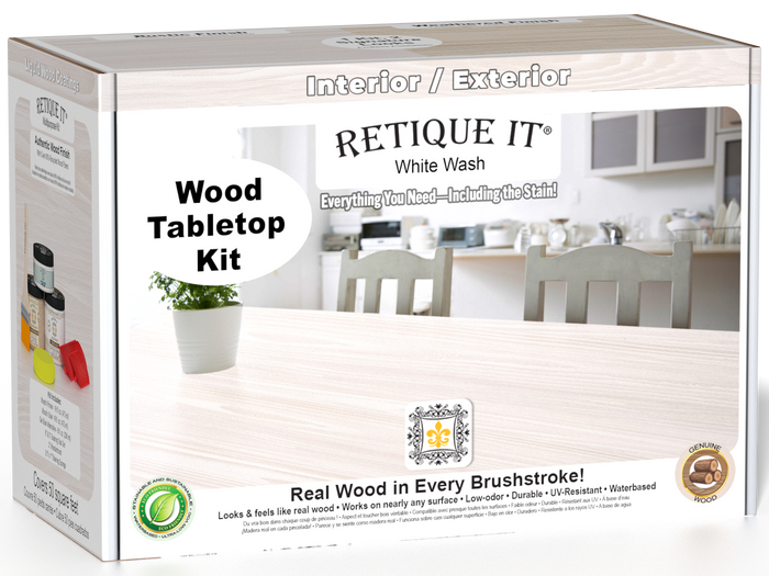 Retique It Wood'n Finish Kit in white wash for tabletops, featuring stain bottles and applicator tools in a double-size set.