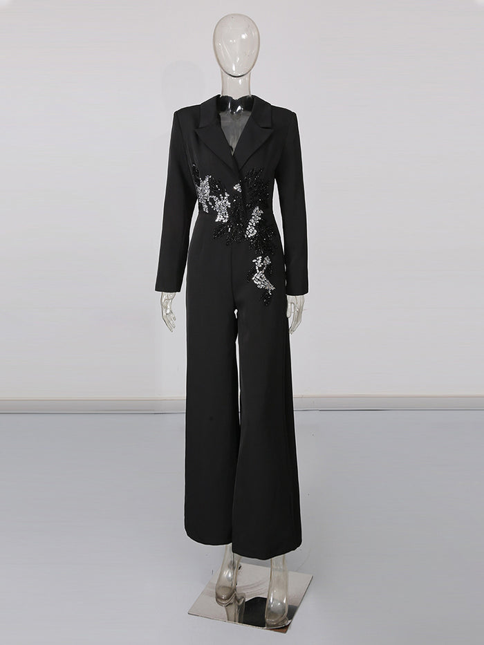 tailored wide-leg jumpsuit with crystal floral applique – ÉTOILE