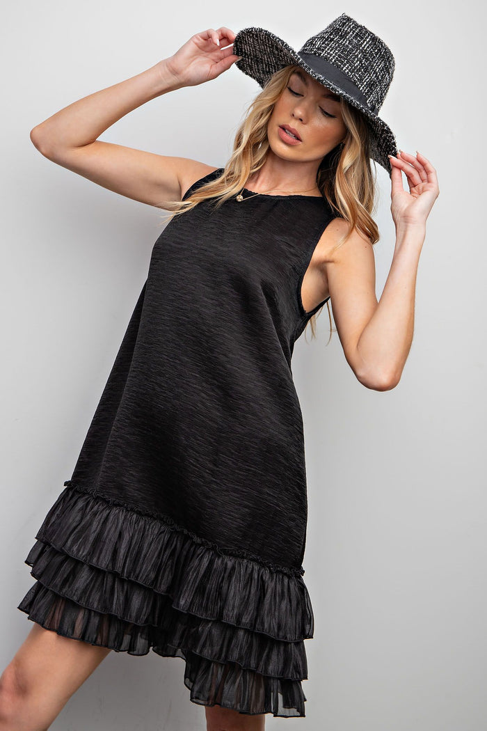 TEXTURED SATIN DOUBLE RUFFLE BOTTOM DRESS