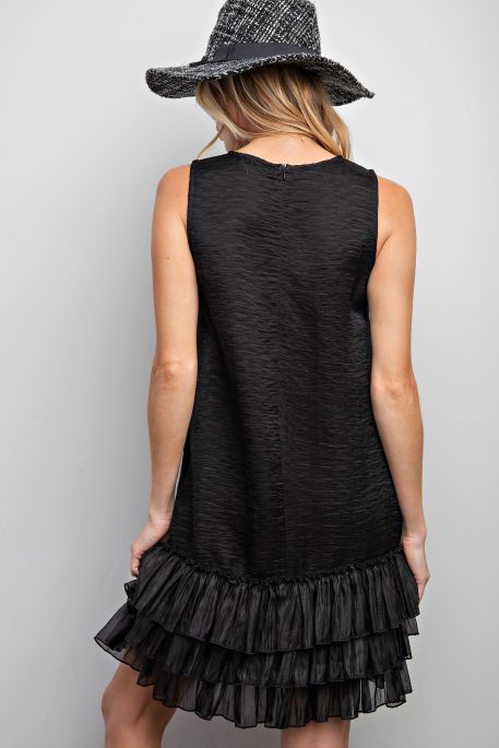 TEXTURED SATIN DOUBLE RUFFLE BOTTOM DRESS