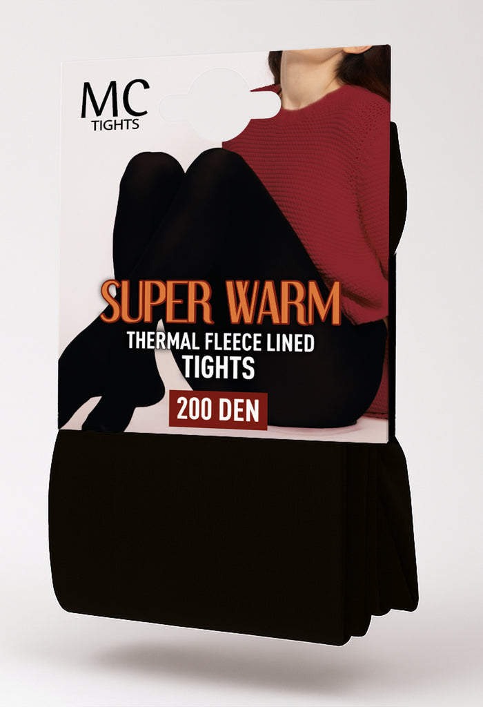 Promotional image of black thermal fleece lined tights with branding and product details.