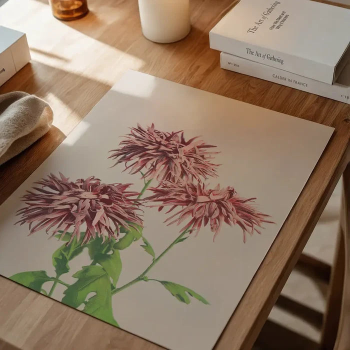 Three Pink Chrysanthemums Ogawa Kazumasa Flowers Print, Japanese woodblock print unframed on a home office desk