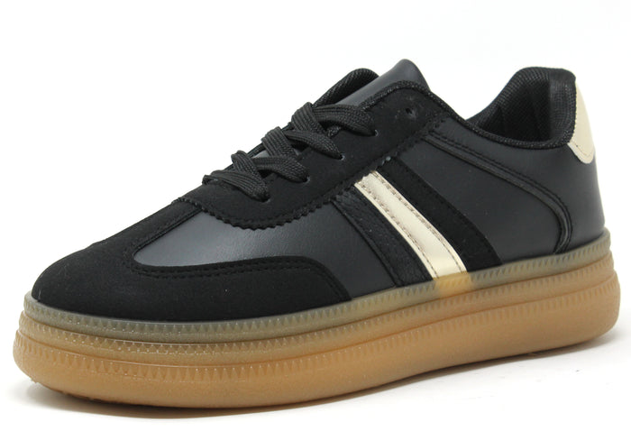 A pair of black striped sneakers with a lace-up closure and a round toe.