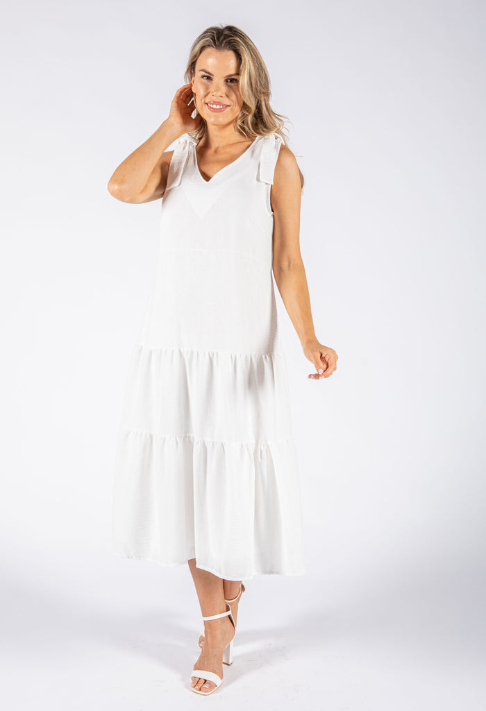 Tie Sleeve Linen Look Dress