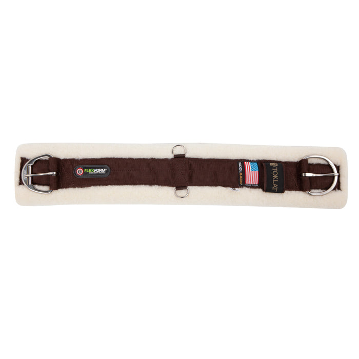 Top view of the T3 FlexForm Woolback Cinch with brown nylon boarded by wool and stainless steel buckles and dee rings.