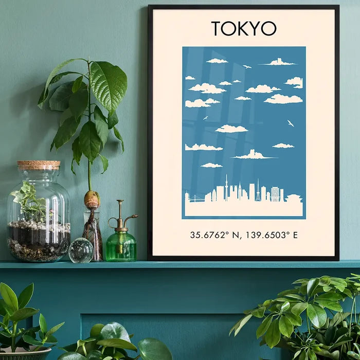 Tokyo Tourist Style Print black framed on a living room shelf