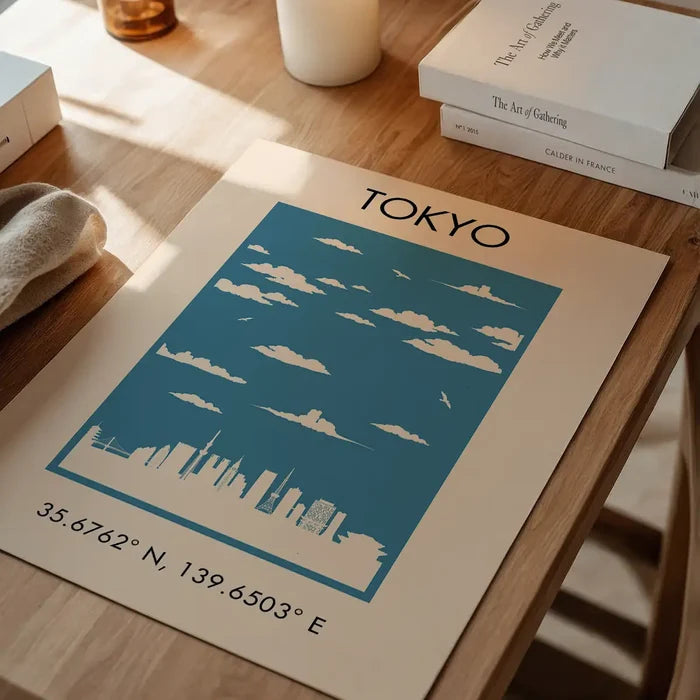 Tokyo Tourist Style Print unframed on a home office desk