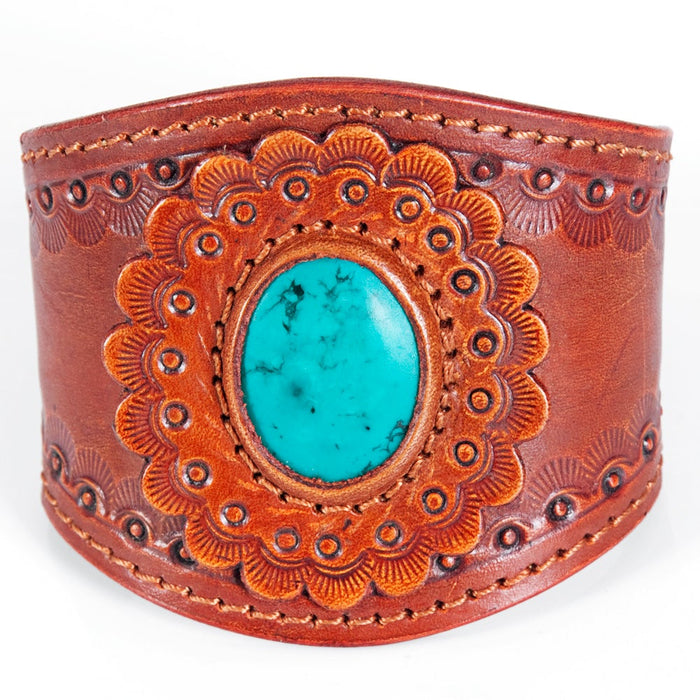 Tooled Leather Contoured Cuff w/ Turq Stone -2 options