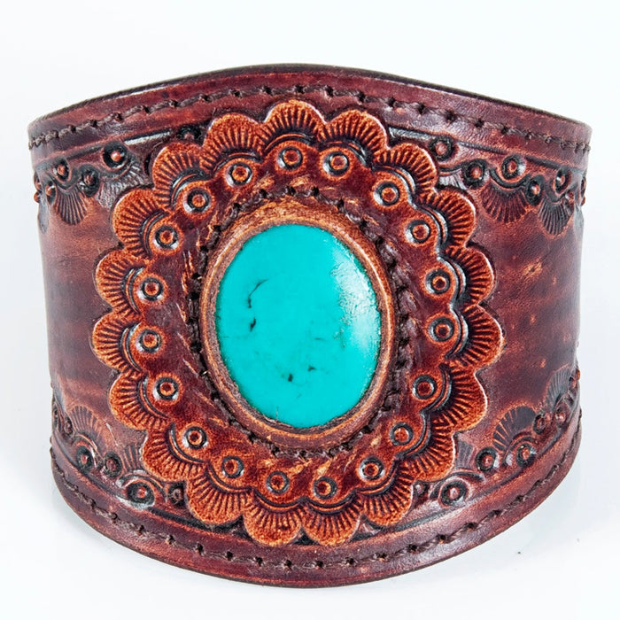 Tooled Leather Contoured Cuff w/ Turq Stone -2 options