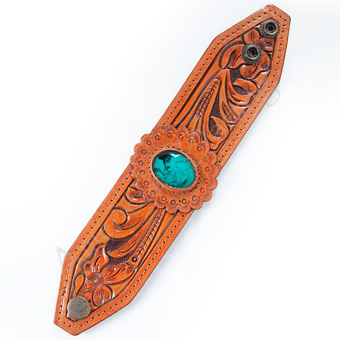 Tooled Leather Tapered Cuff w/ Turq Stone