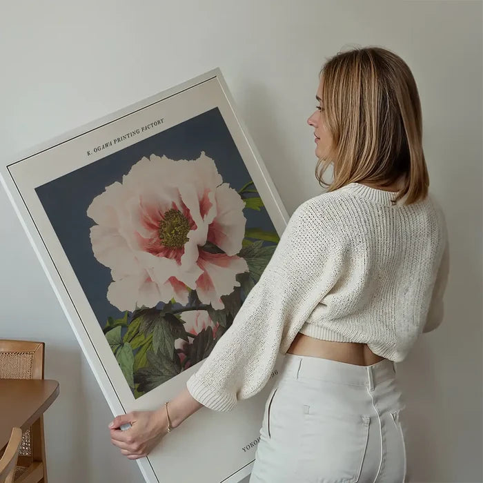 Tree Peony Ogawa Kazumasa Flowers Print held up against a living room wall