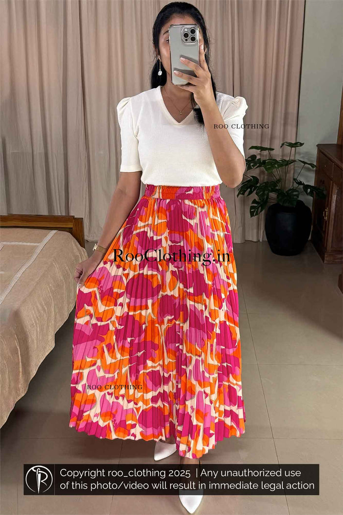 Tropical Sunset Accordion Pleated Maxi Skirt