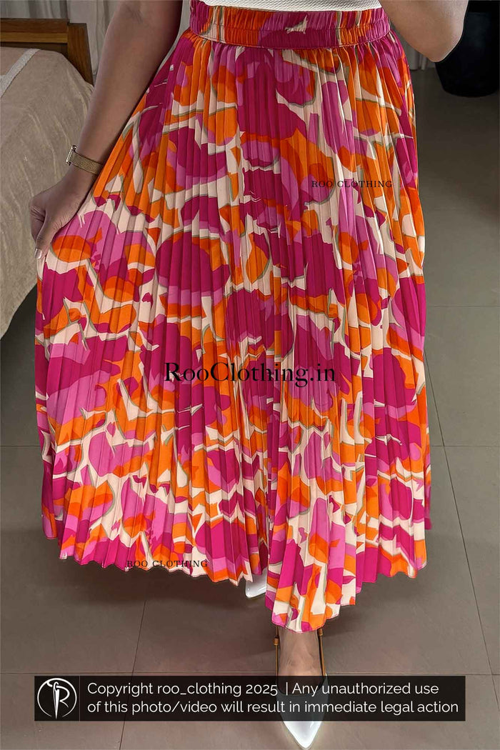 Tropical Sunset Accordion Pleated Maxi Skirt