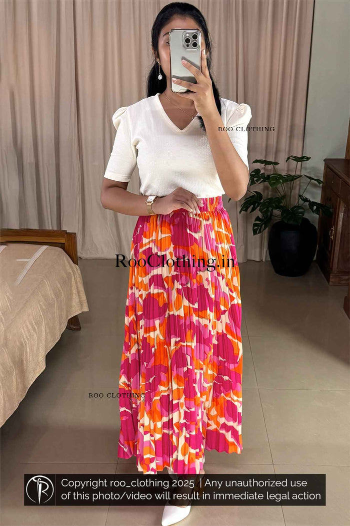 Tropical Sunset Accordion Pleated Maxi Skirt