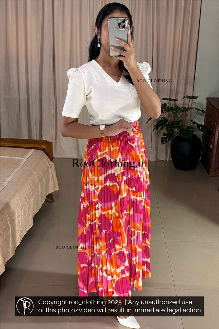 Tropical Sunset Accordion Pleated Maxi Skirt