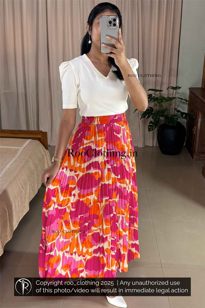 Tropical Sunset Accordion Pleated Maxi Skirt