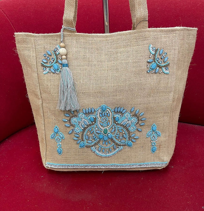 Turquoise Stones Jute Bag  New Arrivals