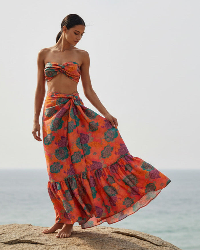 Twist Bandeau Top in Silk - Caribe Rose
