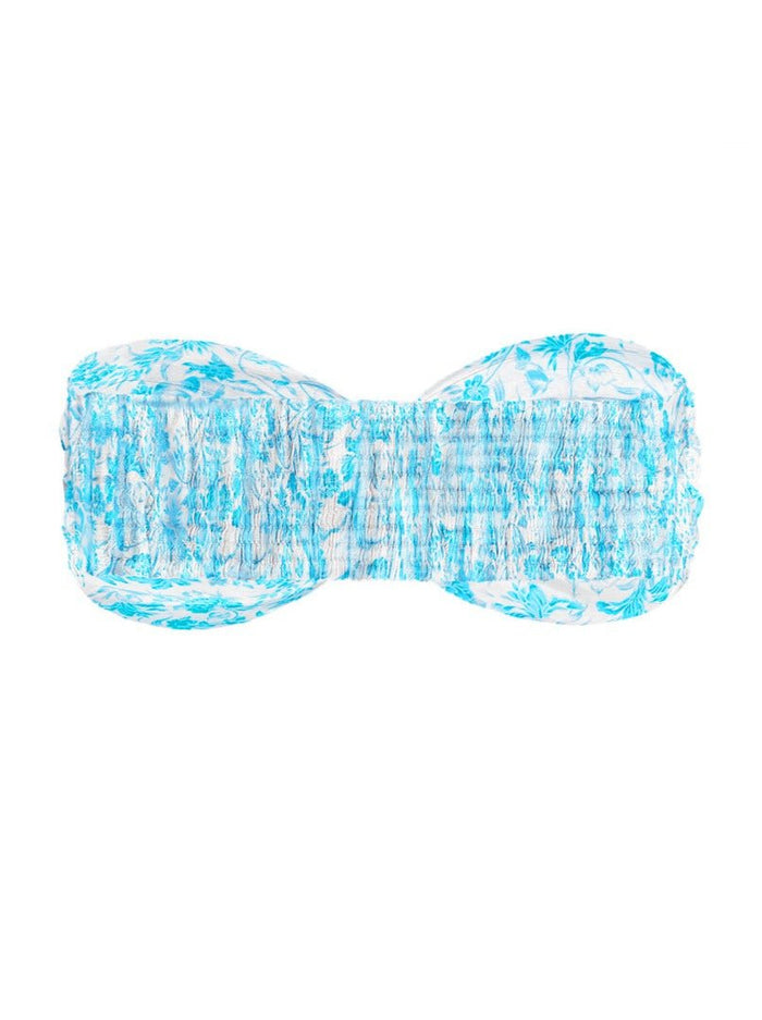 Bia Printed Twist Front Silk Bandeau Bra Top - Porcelain - AMARIS