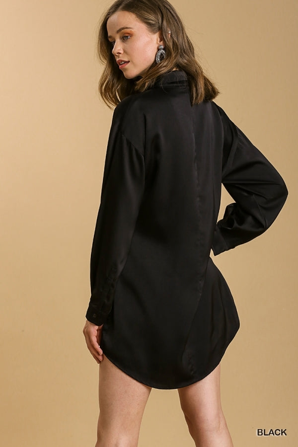 Umgee Satin Collar Button Down Long Sleeve Tunic Dress