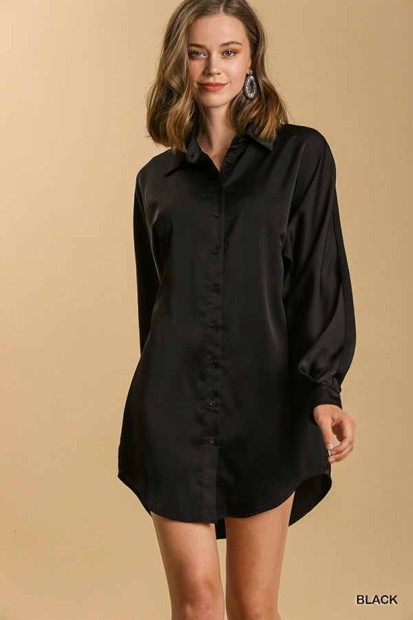 Umgee Satin Collar Button Down Long Sleeve Tunic Dress