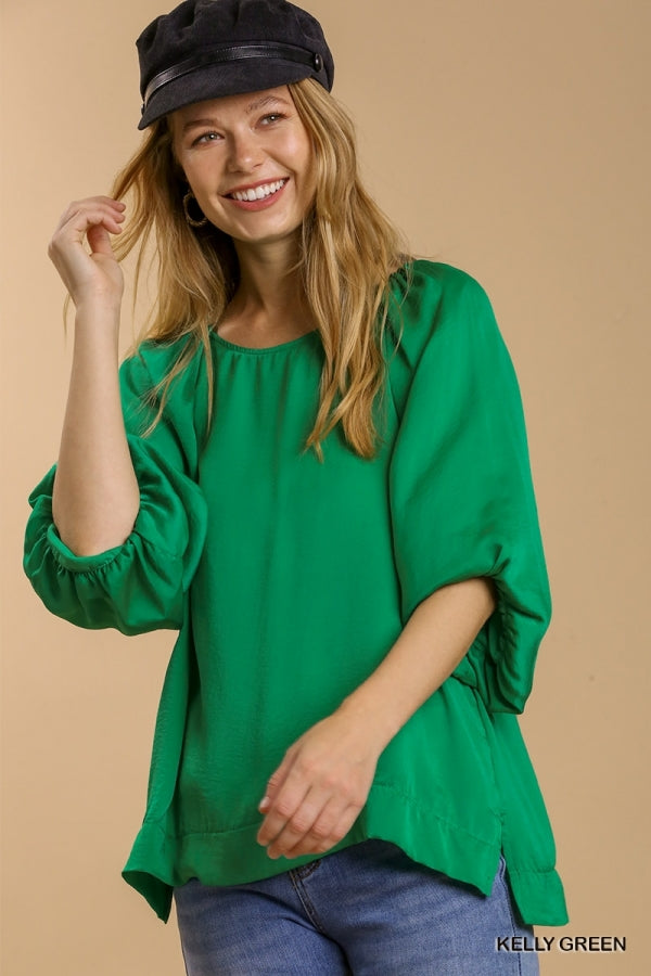 Umgee Satin Half Balloon Sleeve Round Neck Top