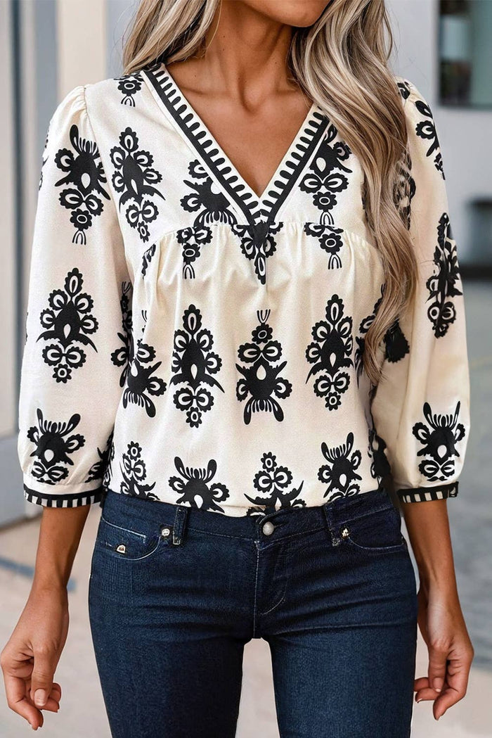 Unique Geometric Print 3/4 Sleeve V Neck Blouse