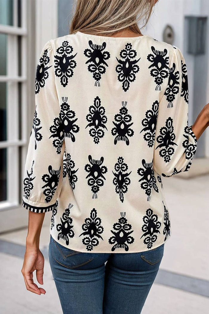 Unique Geometric Print 3/4 Sleeve V Neck Blouse