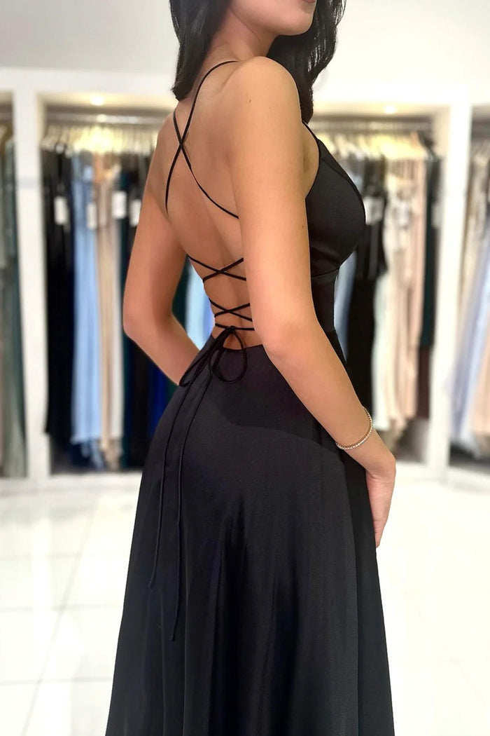 V Neck Backless Black Satin Long Prom Dresses, V Neck Backless Black Satin Long Evening Party Dresses