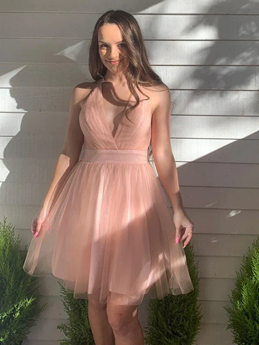 V Neck Backless Pink Short Tulle Prom Dreses, Short Pink V Neck Formal Evening Homecoming Dresses