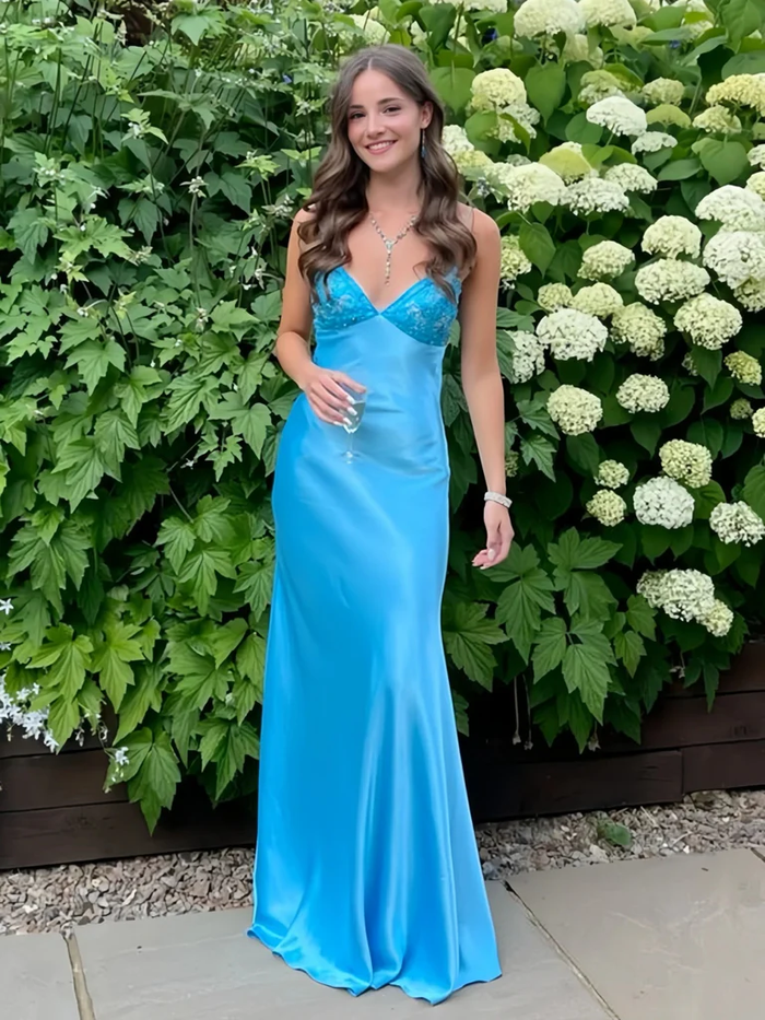 V Neck Blue Beaded Long Prom Dresses with Bow, Backless Blue Long Formal Evening Graduation Dresses