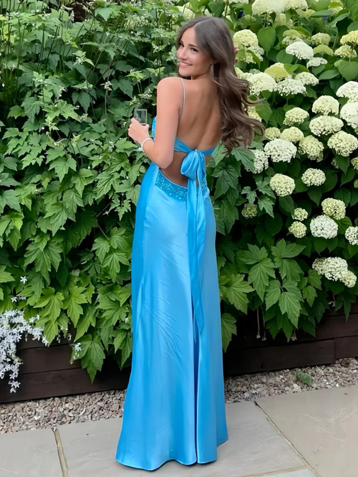 V Neck Blue Beaded Long Prom Dresses with Bow, Backless Blue Long Formal Evening Graduation Dresses