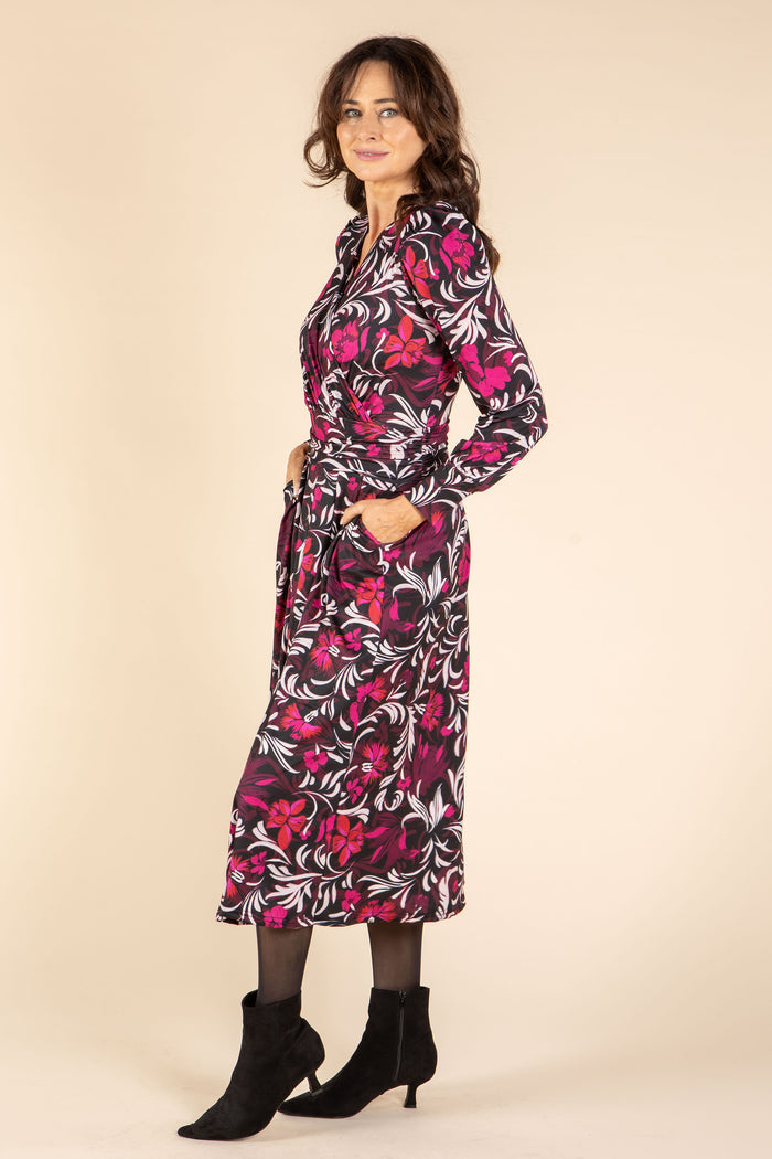 V-Neck Faux-Wrap Midi Dress