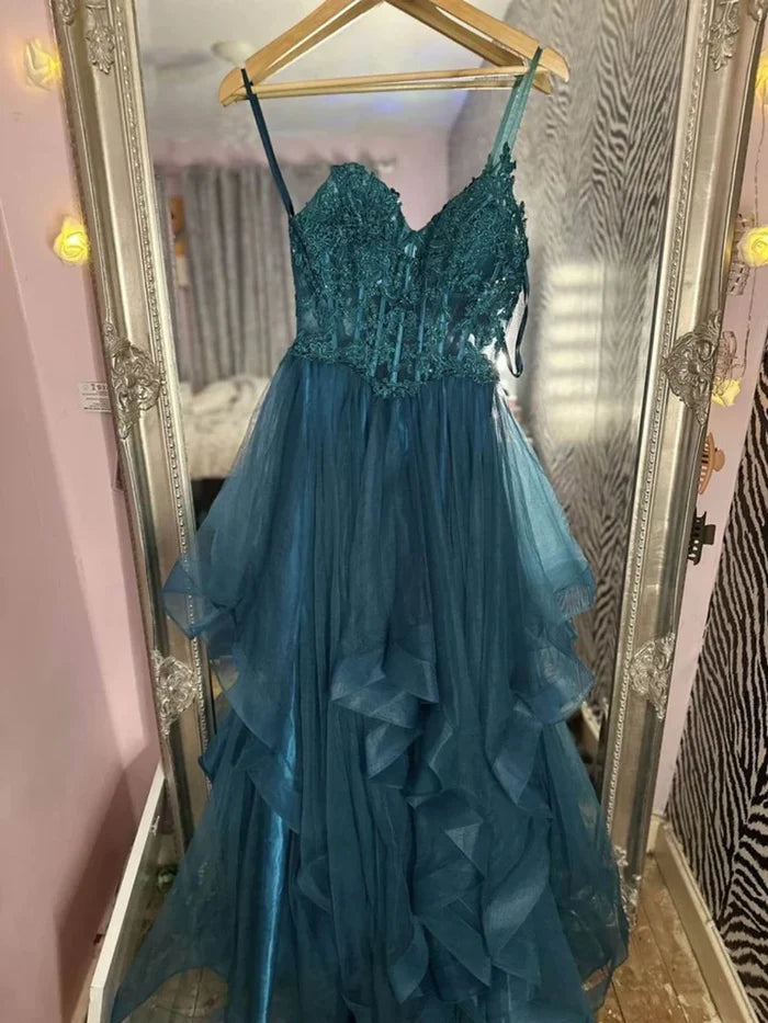 V Neck Fluffy Blue Lace Long Prom Dresses, Blue Lace Formal Dresses, Blue Evening Dresses