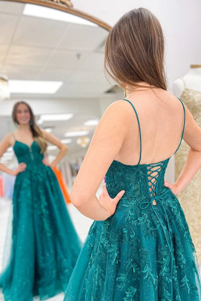 V Neck Green Lace Tulle Long Prom Dresses, V Neck Green Lace Tulle Long Formal  Evening Dresses
